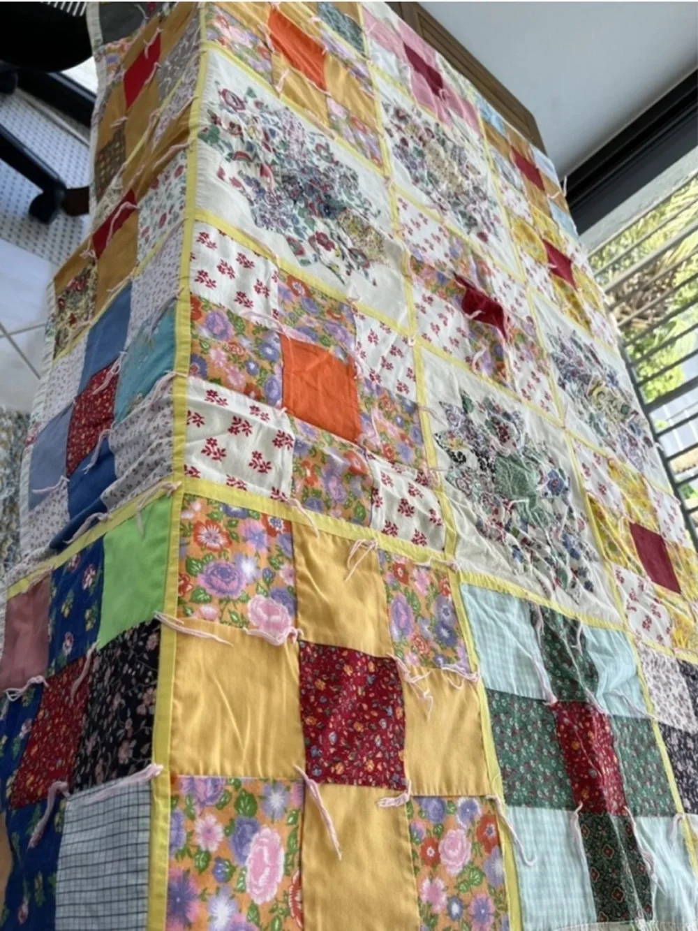 Feedsack Floral Patch Patchwork Quilt Throw Handmade Red Blue Vintage 50s 60s